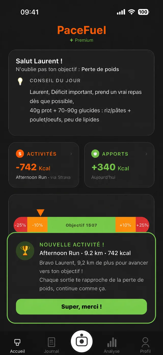 PaceFuel : jauge énergétique et félicitations après une nouvelle activité Strava de 9,2 km