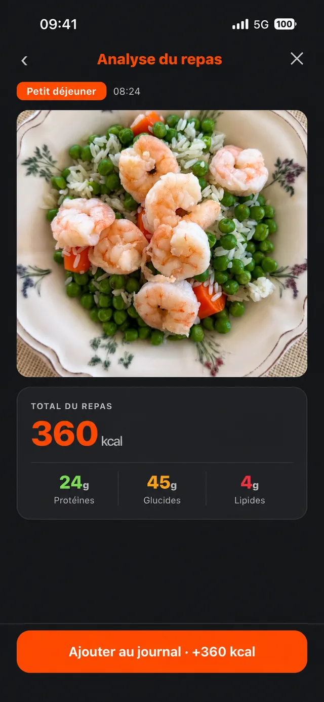 Analyse d'un repas par IA dans PaceFuel : 360 kcal, 24 g de protéines, 45 g de glucides, 4 g de lipides