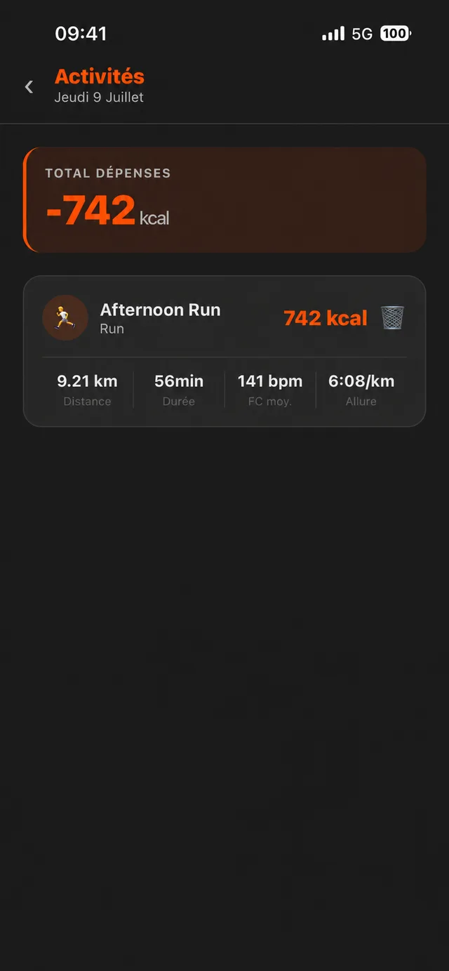 Activité Strava importée dans PaceFuel : Afternoon Run, 9,21 km, 742 kcal, 141 bpm